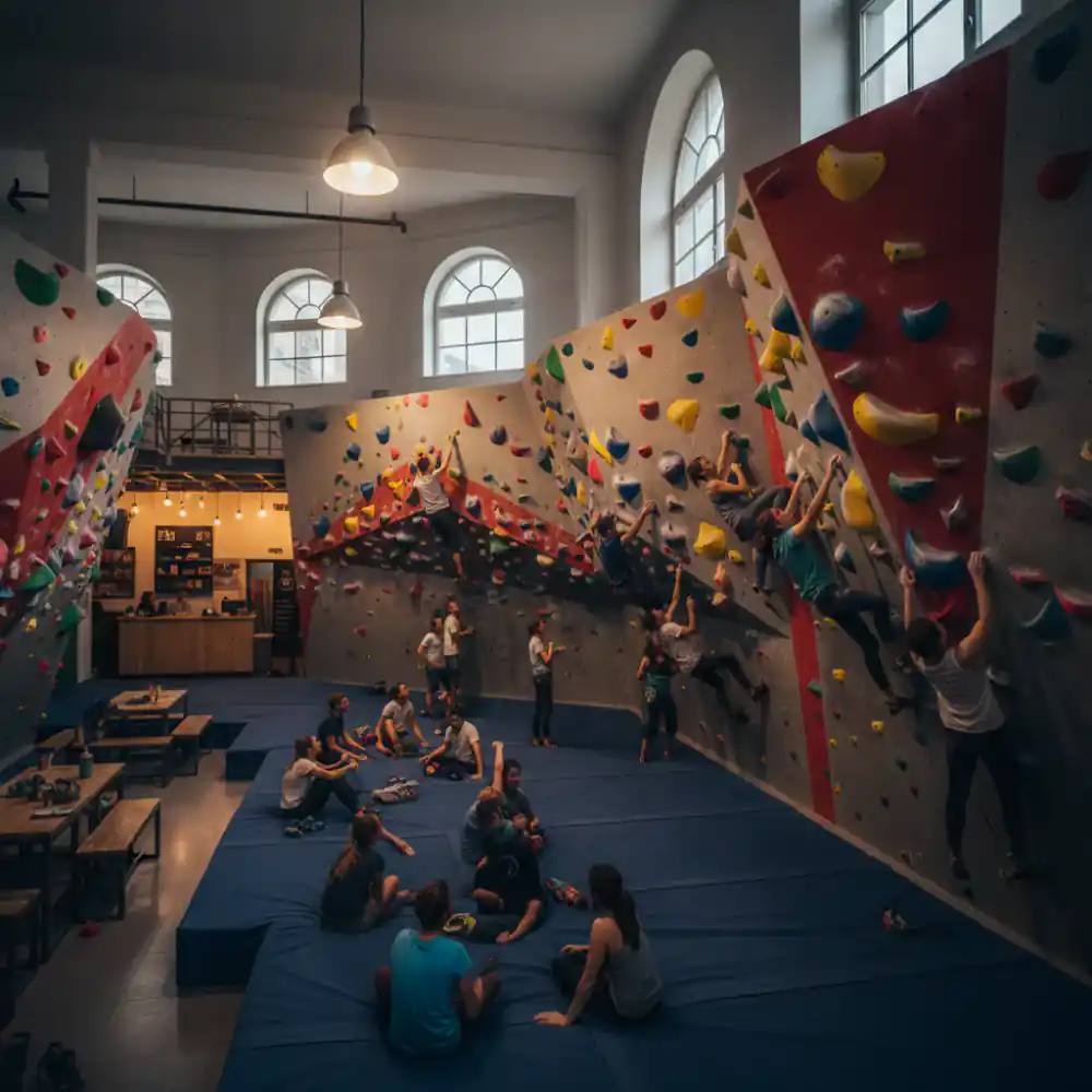 Climbers enjoying a busy evening at the GripZone bouldering walls