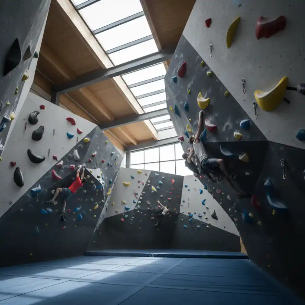 Wide view of the modern bouldering walls at GripZone