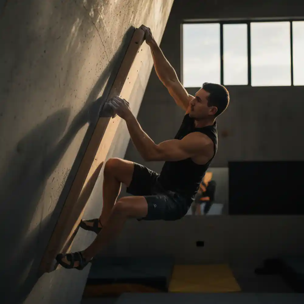 Climber on a hangboard