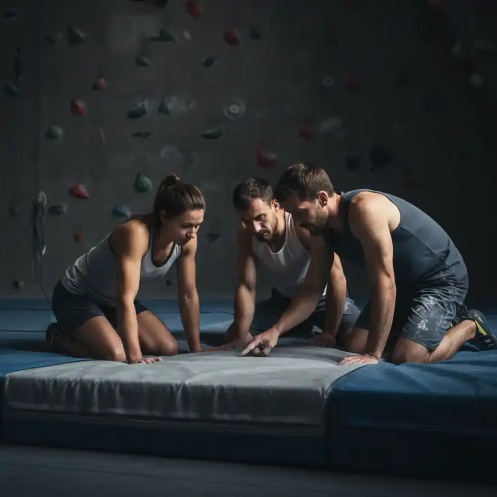 Climbers discussing a route on the mats