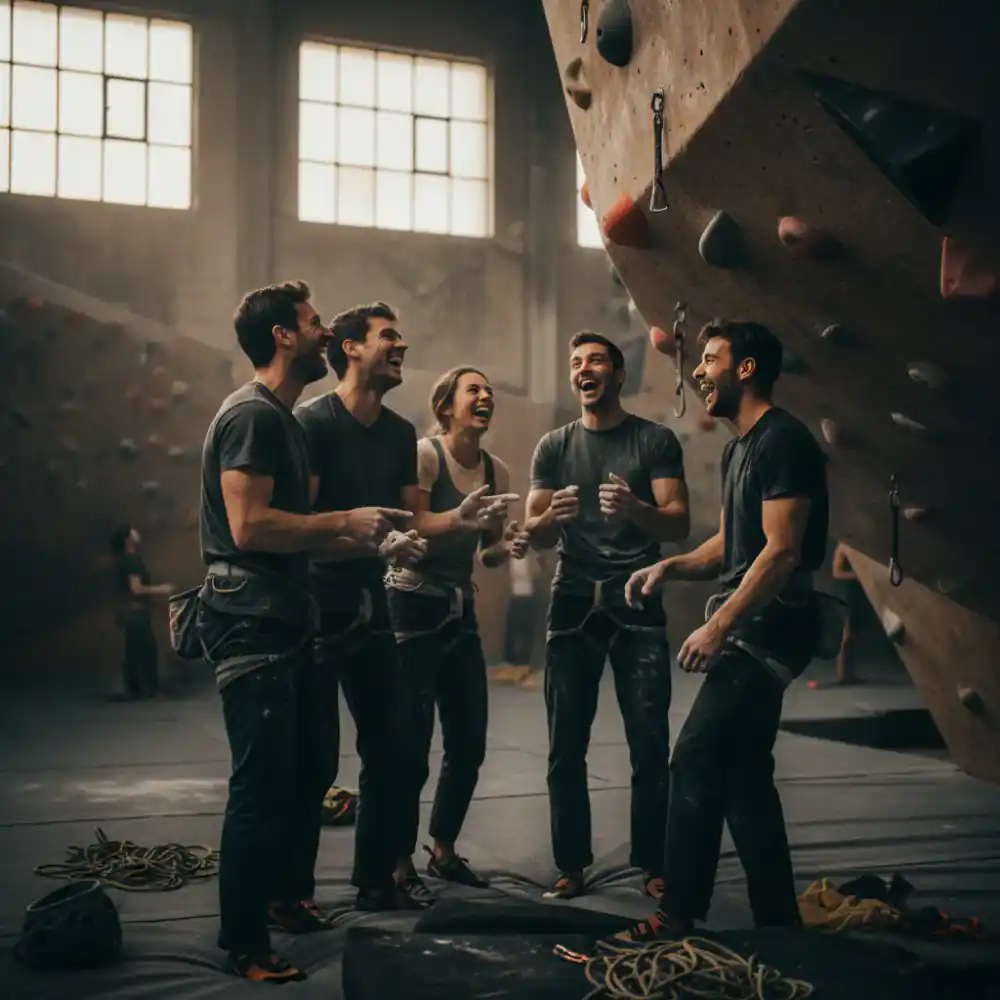 A group of climbers laughing and reviewing a boulder problem