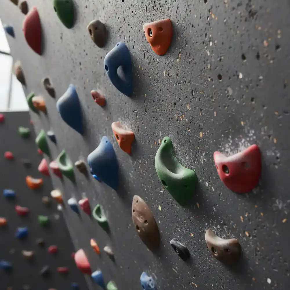 Close up of high-quality climbing holds on a steep wall segment