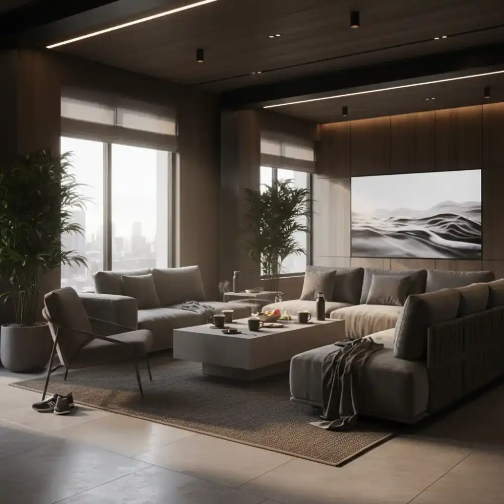 Comfortable lounge area at the gym with coffee and seating