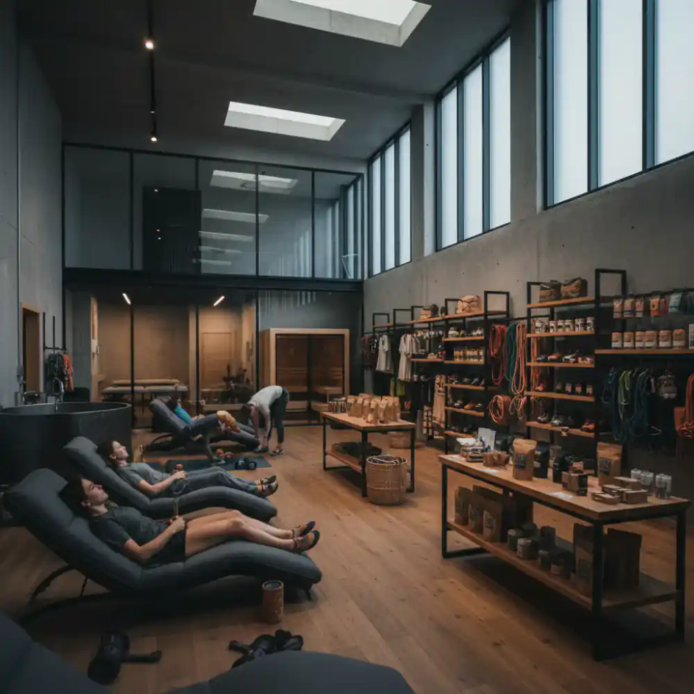 Climbing gym recovery area and retail shop