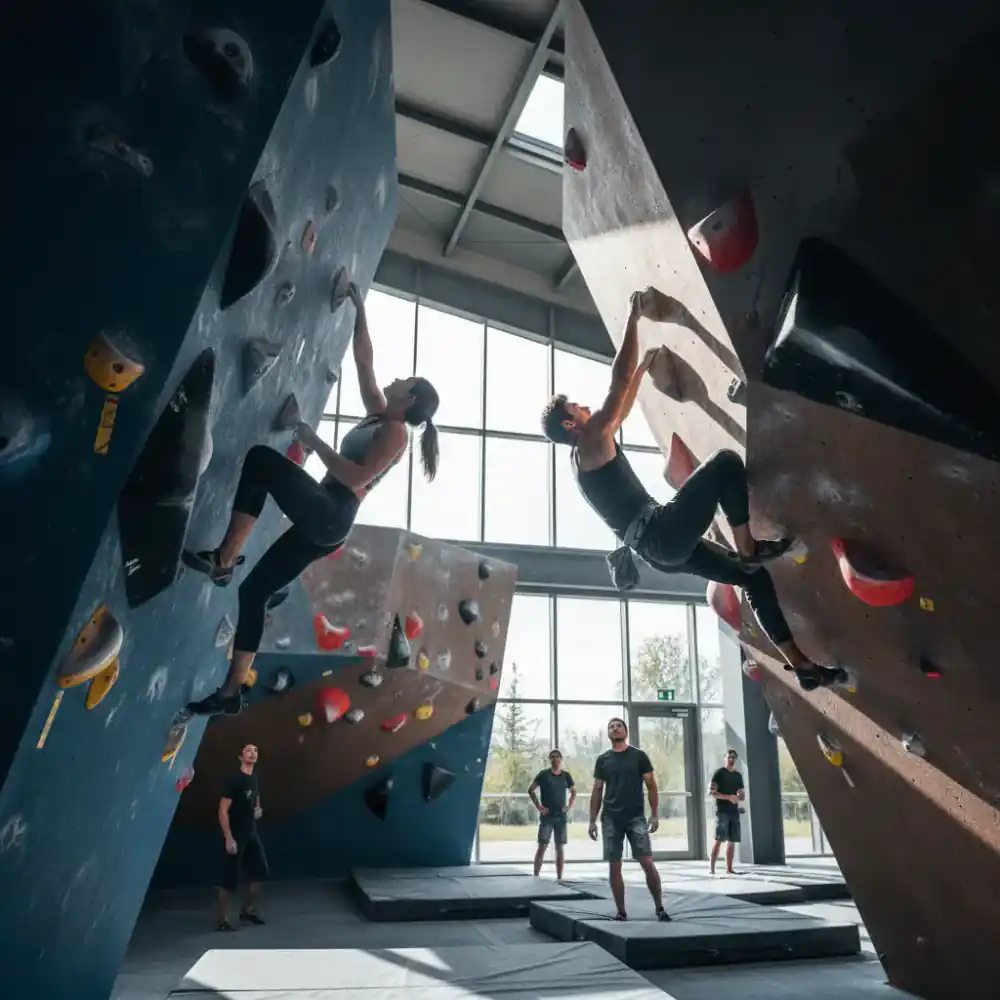 Climbers navigating challenging routes at the GripZone bouldering facility