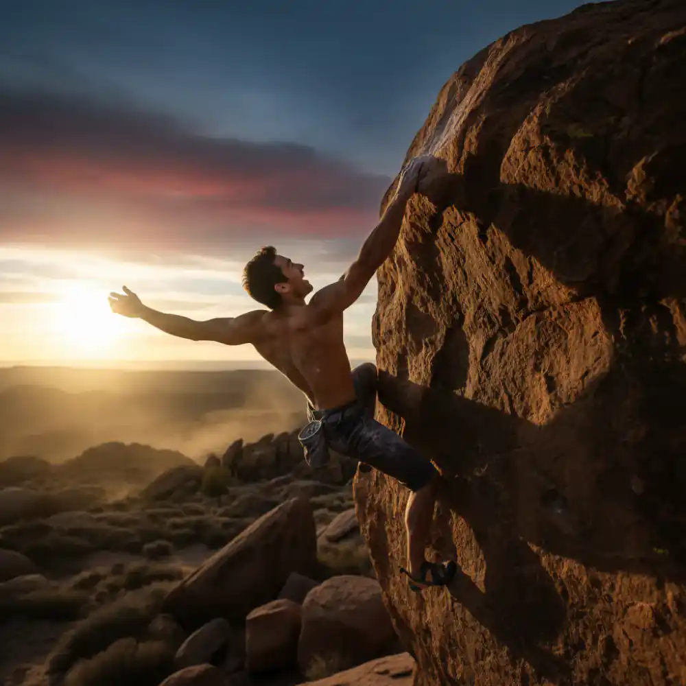 A large group of climbers gathered near a massive bouldering wall