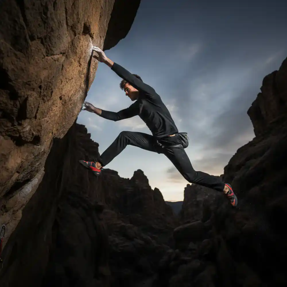 Climber performing a dynamic leap to a hold