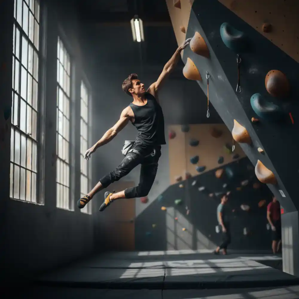 Climber executing a dynamic move during advanced training