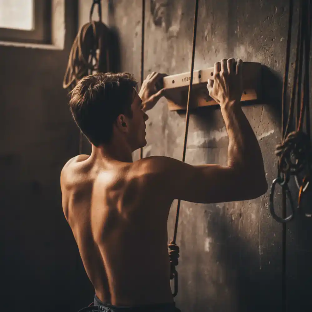 Climber using a hangboard for finger strength